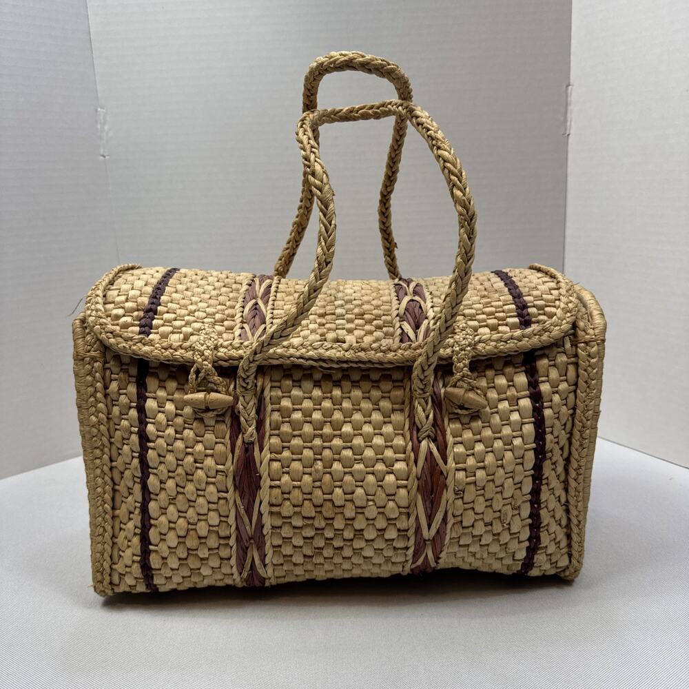 Vintage Woven Rattan Wicker Purse Handbag Wooden Toggle Boho Summer Beach Tote